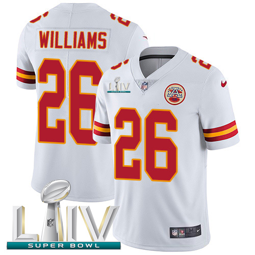 Kansas City Chiefs Nike 26 Damien Williams White Super Bowl LIV 2020 Youth Stitched NFL Vapor Untouchable Limited Jersey